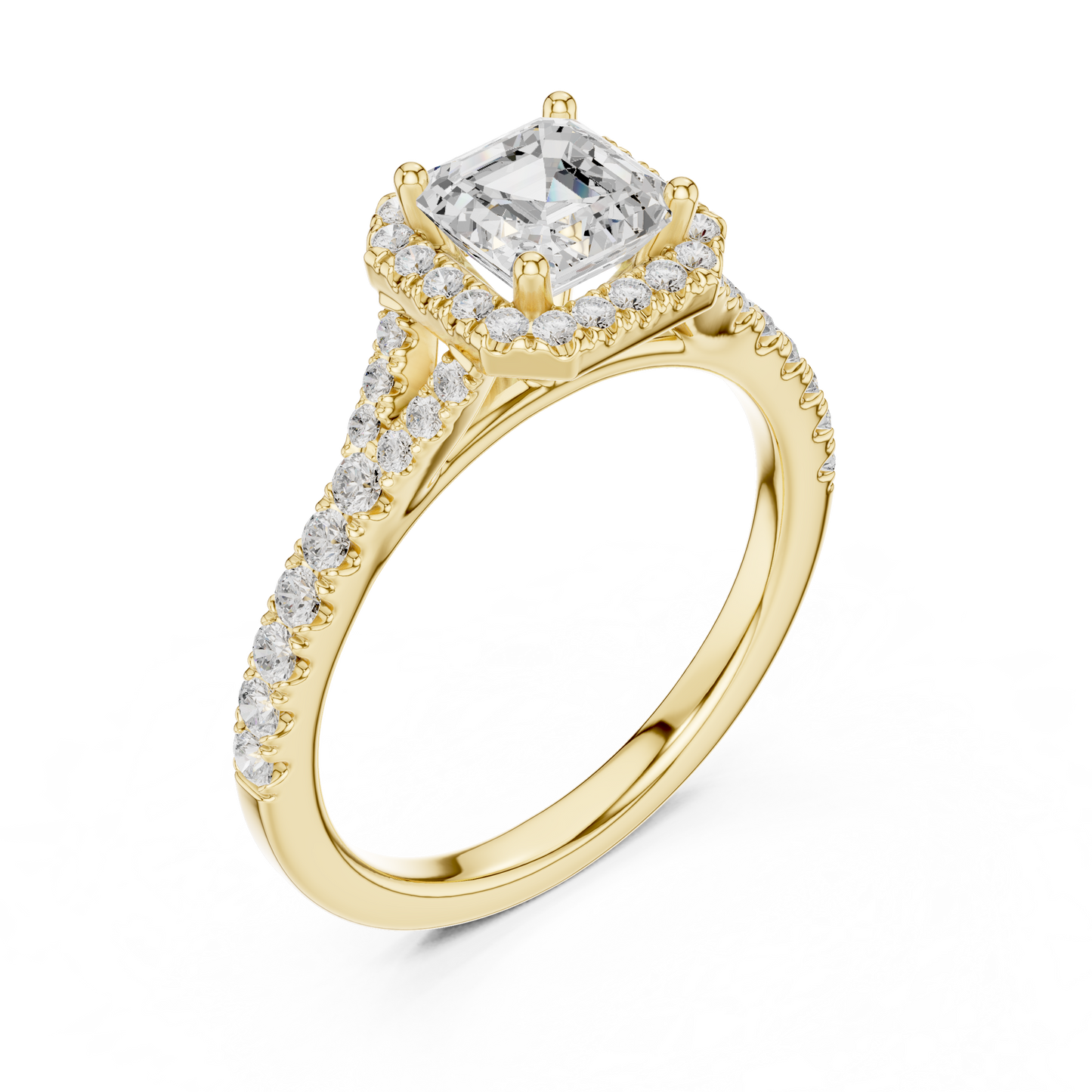 1.39ctw Asscher-Cut Diamond Halo Split Shank Pavé Bridal Ring | Yellow Gold