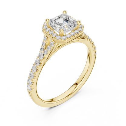 1.39ctw Asscher-Cut Diamond Halo Split Shank Pavé Bridal Ring | Yellow Gold