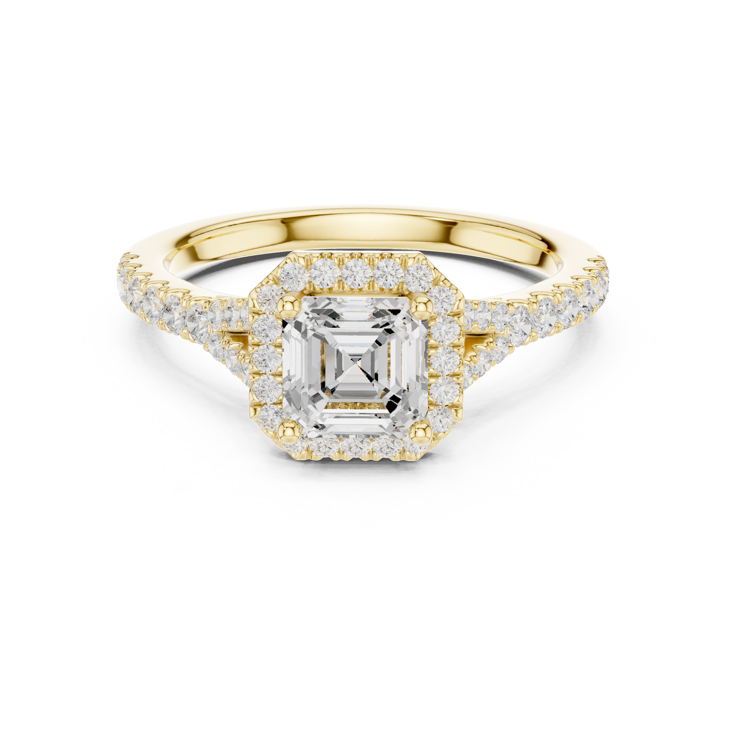 1.39ctw Asscher-Cut Diamond Halo Split Shank Pavé Bridal Ring | Yellow Gold