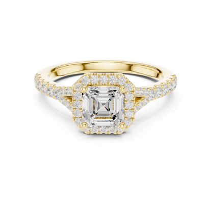 1.39ctw Asscher-Cut Diamond Halo Split Shank Pavé Bridal Ring | Yellow Gold