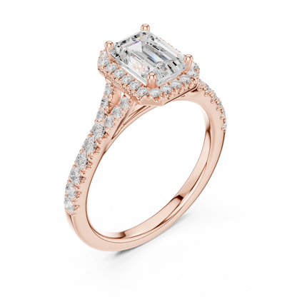 1.40ctw Emerald-Cut Diamond Halo Split Shank Pavé Bridal Ring | Yellow Gold