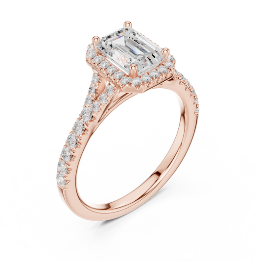 1.40ctw Emerald-Cut Diamond Halo Split Shank Pavé Bridal Ring | Yellow Gold