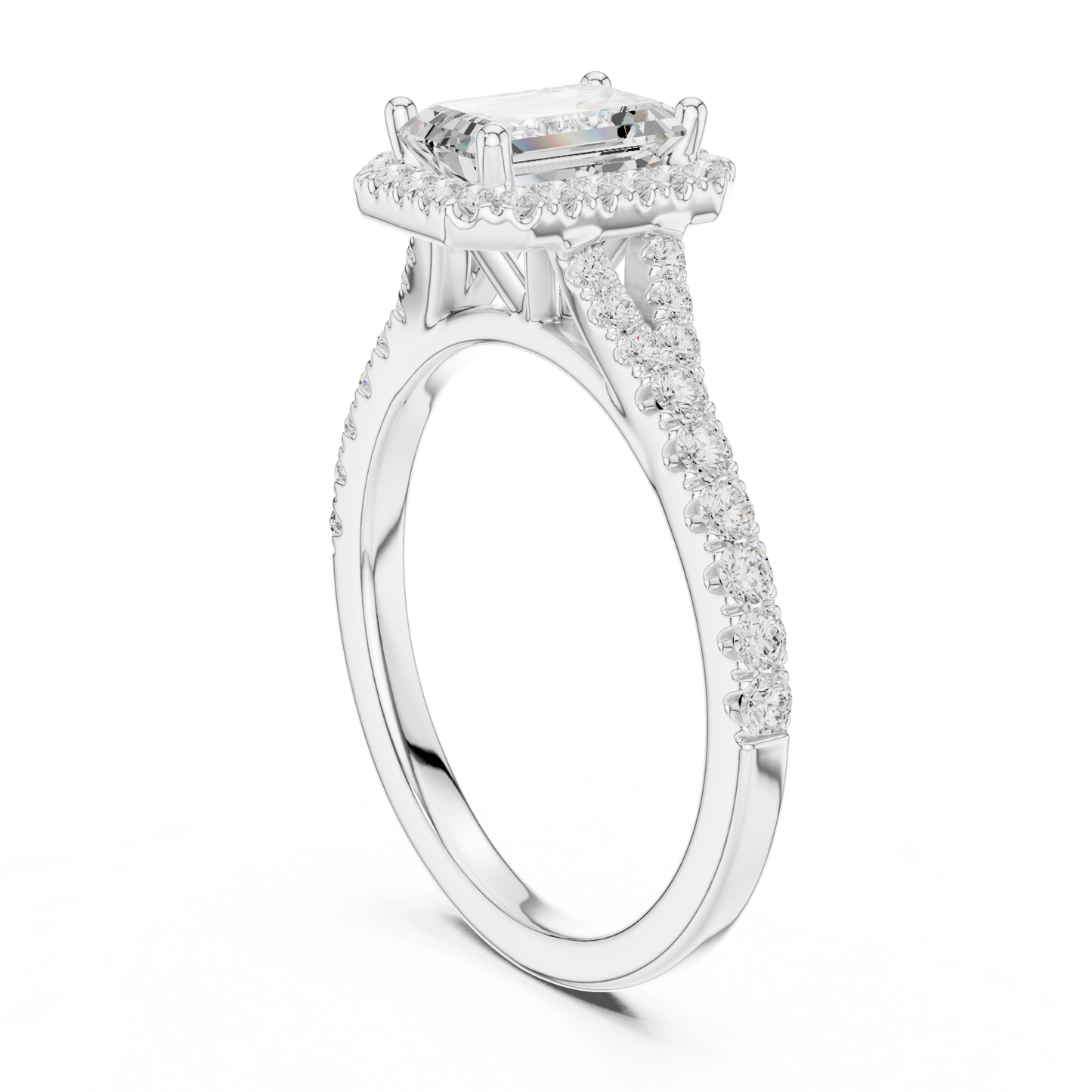 1.40ctw Emerald-Cut Diamond Halo Split Shank Pavé Bridal Ring | Yellow Gold