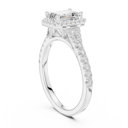 1.40ctw Emerald-Cut Diamond Halo Split Shank Pavé Bridal Ring | Yellow Gold