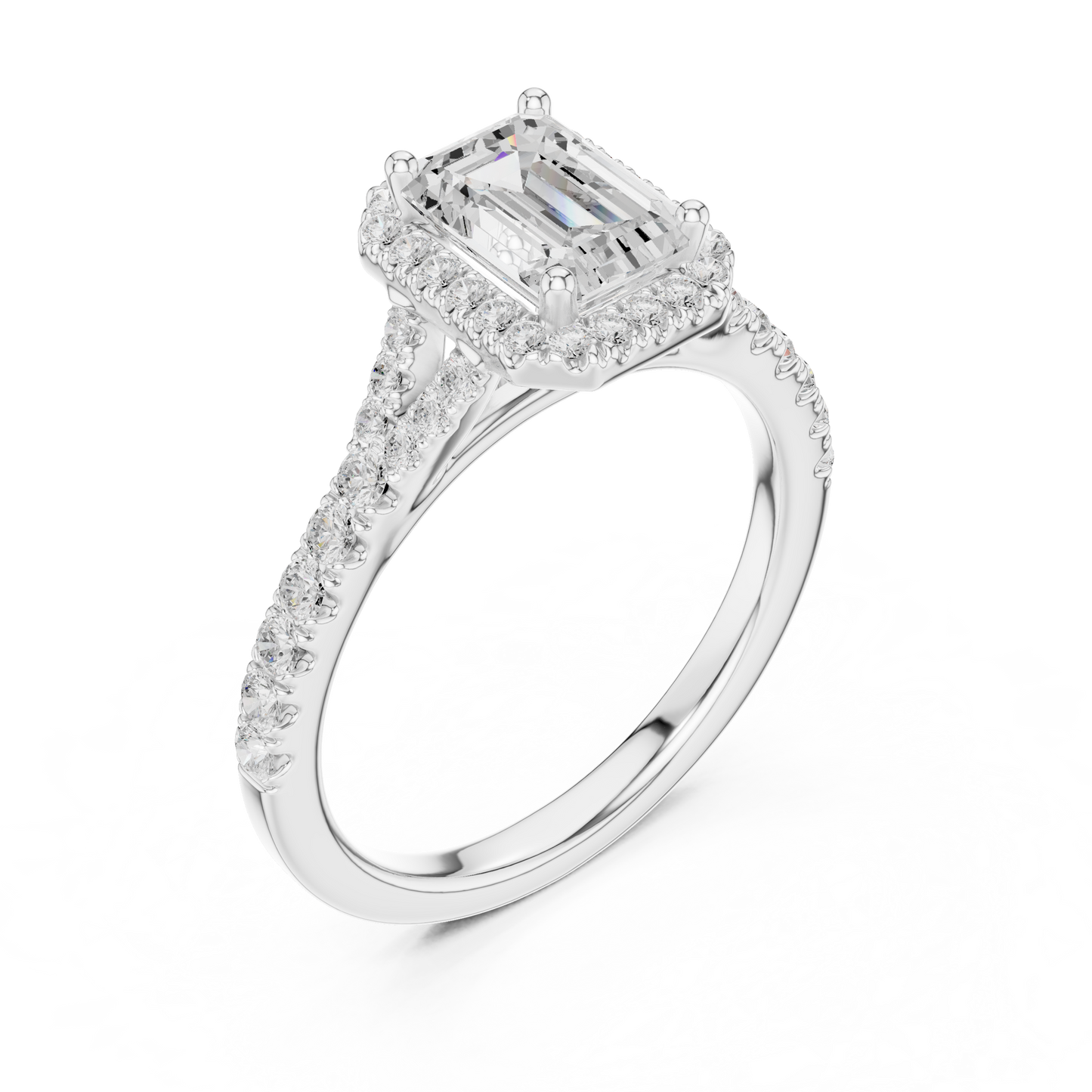 1.40ctw Emerald-Cut Diamond Halo Split Shank Pavé Bridal Ring | Yellow Gold