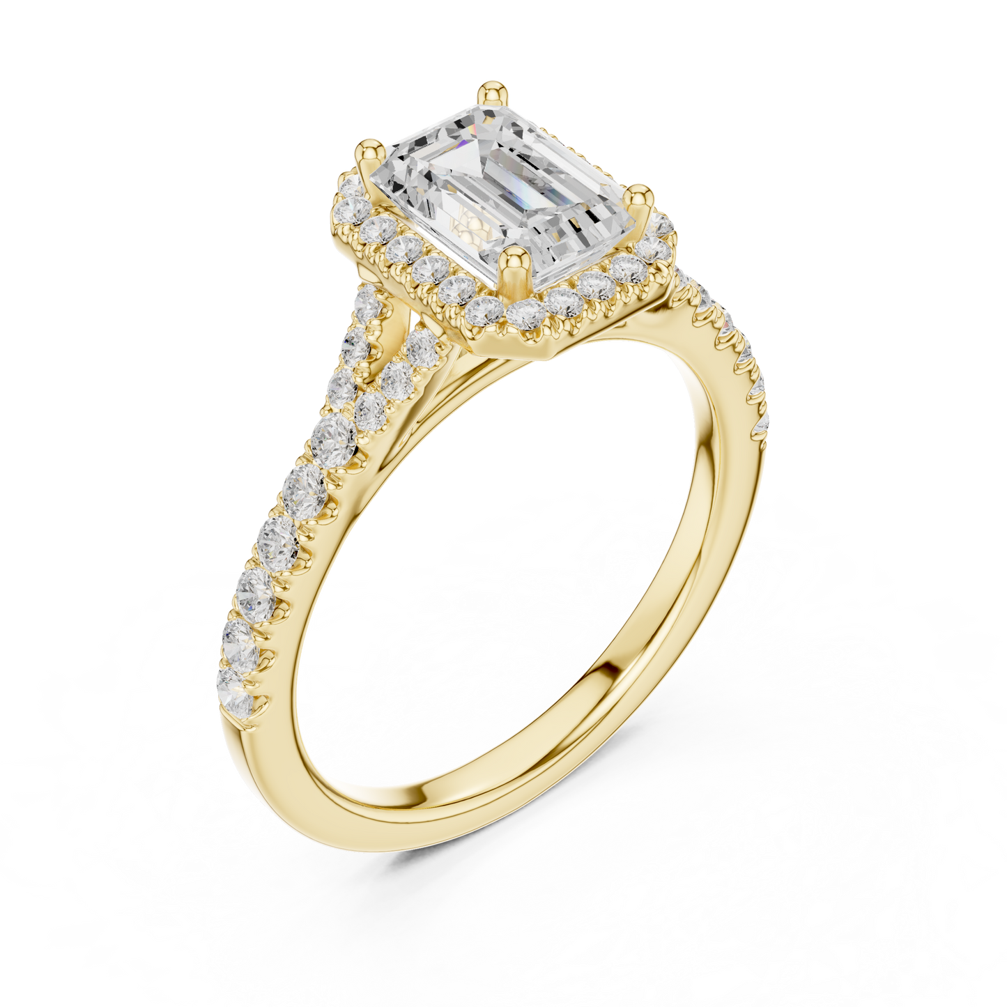 1.40ctw Emerald-Cut Diamond Halo Split Shank Pavé Bridal Ring | Yellow Gold
