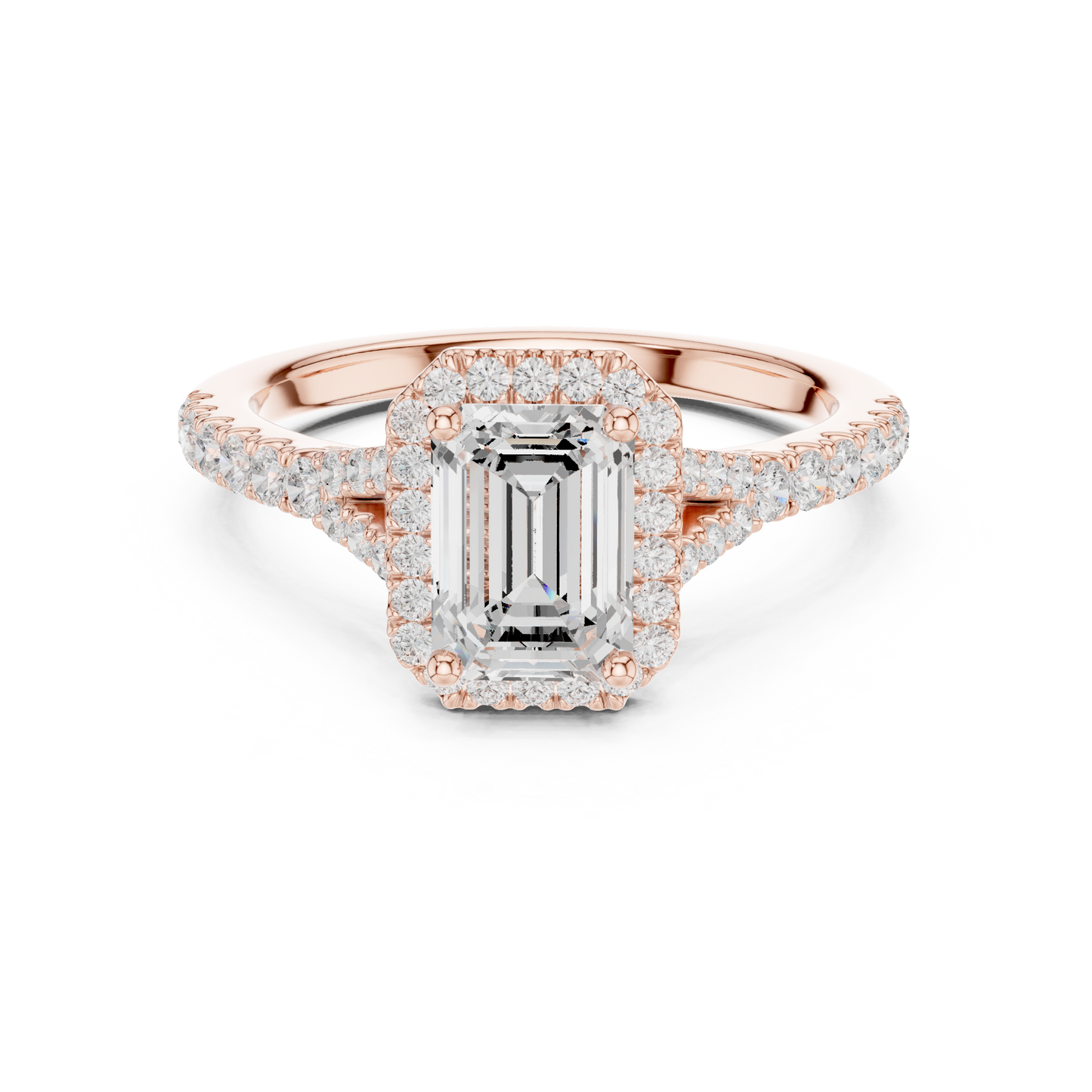 1.40ctw Emerald-Cut Diamond Halo Split Shank Pavé Bridal Ring | Yellow Gold