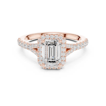 1.40ctw Emerald-Cut Diamond Halo Split Shank Pavé Bridal Ring | Yellow Gold