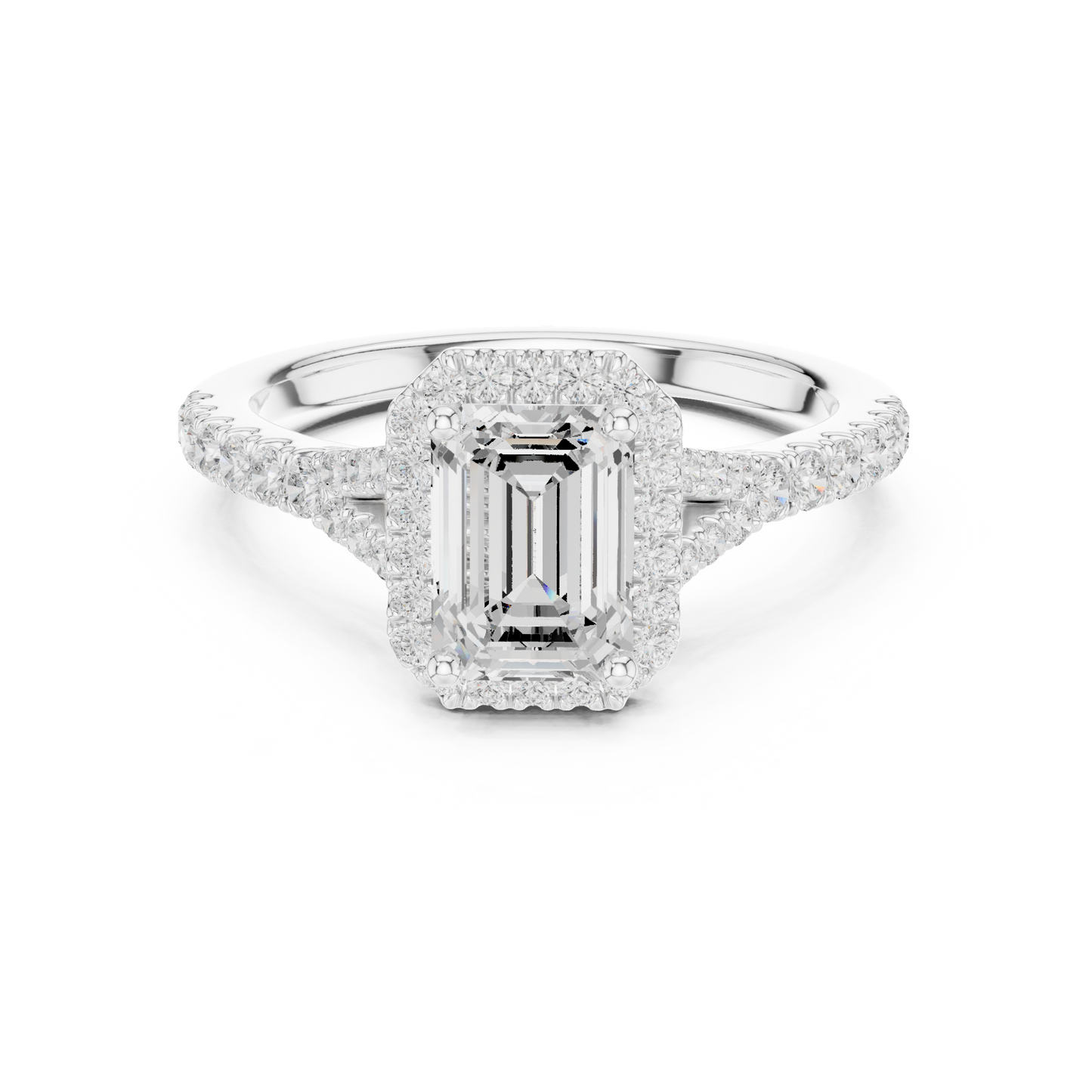 1.40ctw Emerald-Cut Diamond Halo Split Shank Pavé Bridal Ring | Yellow Gold