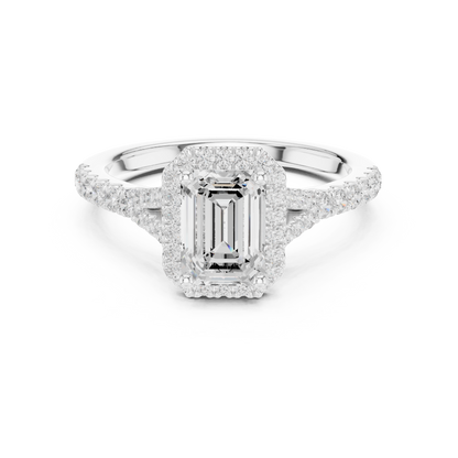 1.40ctw Emerald-Cut Diamond Halo Split Shank Pavé Bridal Ring | Yellow Gold