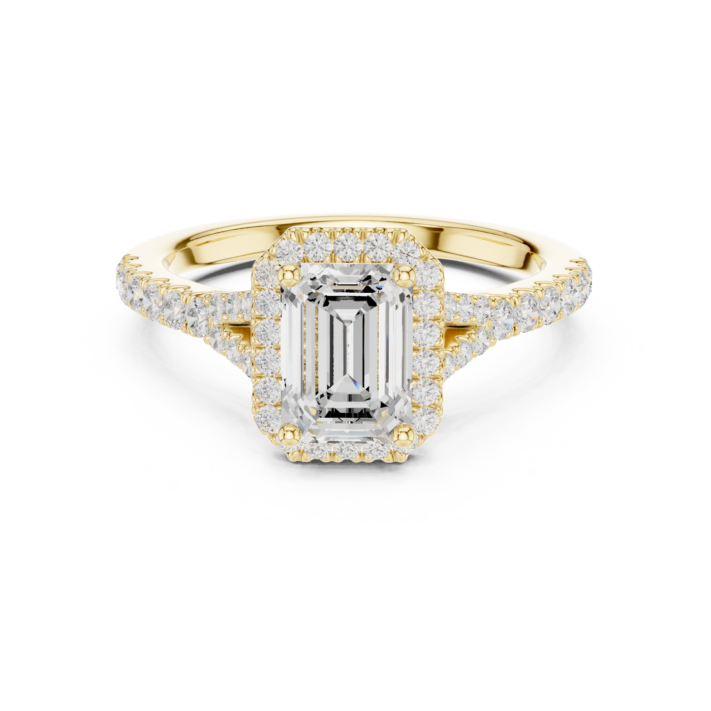 1.40ctw Emerald-Cut Diamond Halo Split Shank Pavé Bridal Ring | Yellow Gold