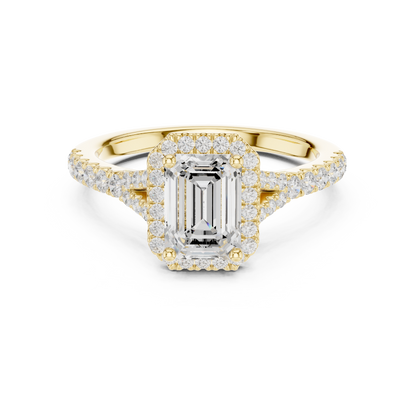 1.40ctw Emerald-Cut Diamond Halo Split Shank Pavé Bridal Ring | Yellow Gold