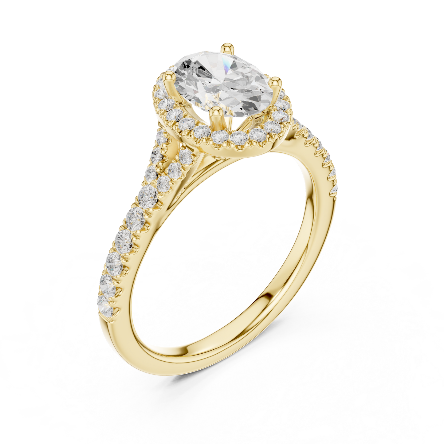 1.39ctw Oval-Cut Diamond Halo Split Shank Pavé Bridal Ring | Yellow Gold
