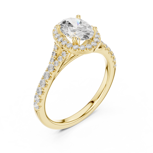 1.39ctw Oval-Cut Diamond Halo Split Shank Pavé Bridal Ring | Yellow Gold