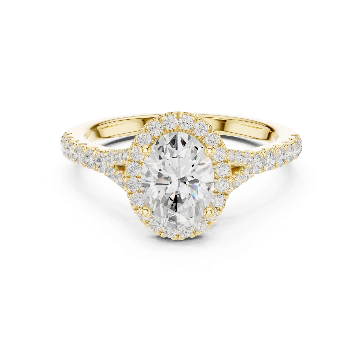 1.39ctw Oval-Cut Diamond Halo Split Shank Pavé Bridal Ring | Yellow Gold
