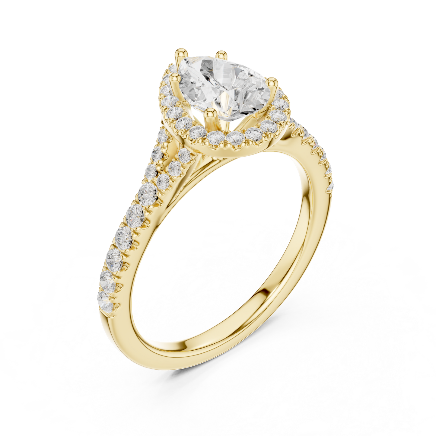 1.38ctw Pear-Cut Diamond Halo Split Shank Pavé Bridal Ring | Yellow Gold