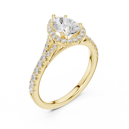 1.38ctw Pear-Cut Diamond Halo Split Shank Pavé Bridal Ring | Yellow Gold