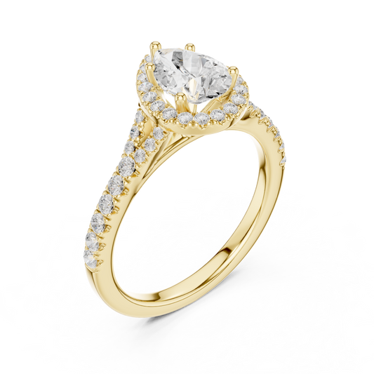 1.38ctw Pear-Cut Diamond Halo Split Shank Pavé Bridal Ring | Yellow Gold