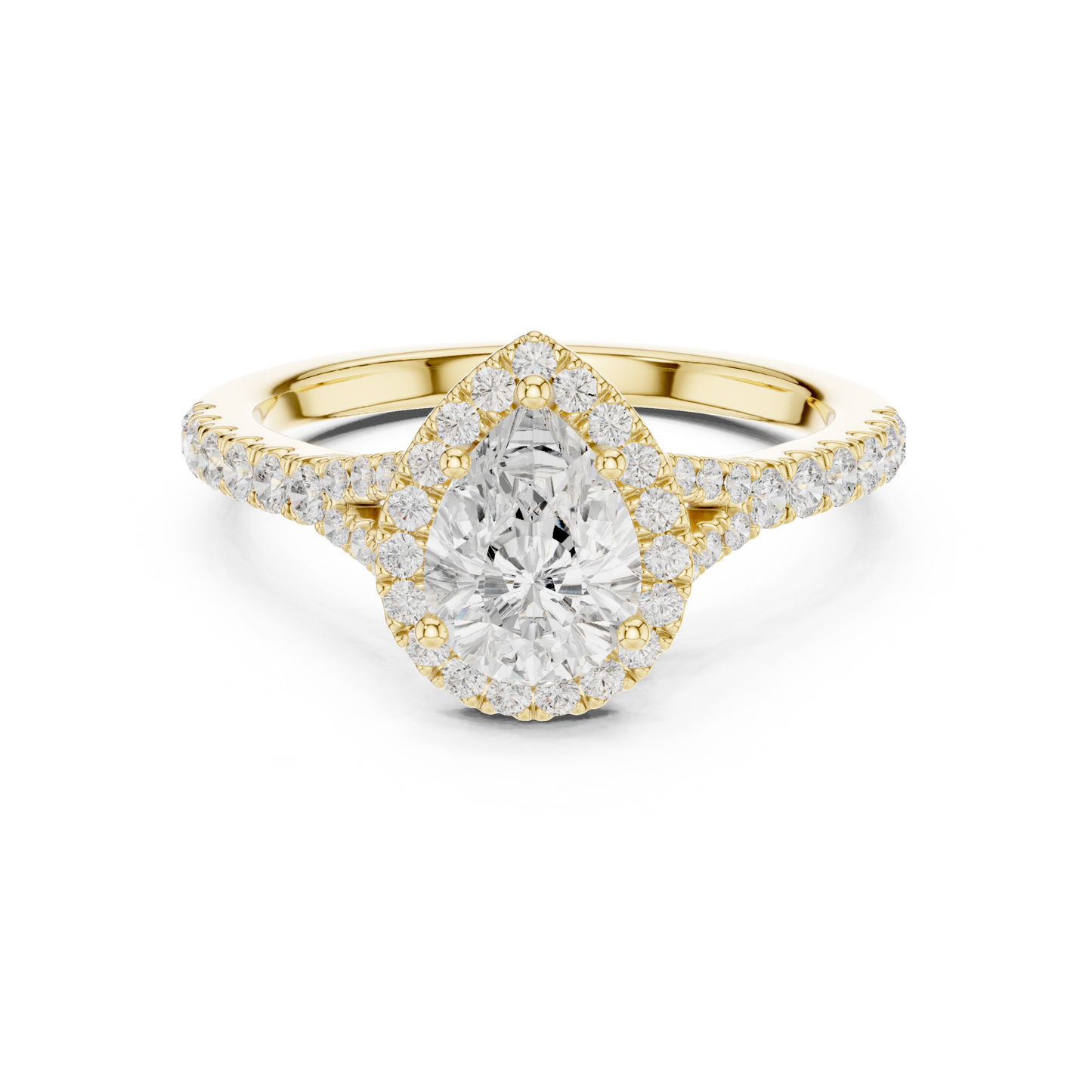 1.38ctw Pear-Cut Diamond Halo Split Shank Pavé Bridal Ring | Yellow Gold