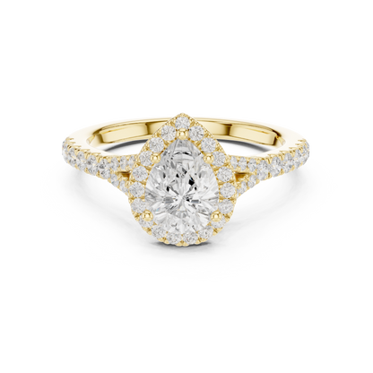 1.38ctw Pear-Cut Diamond Halo Split Shank Pavé Bridal Ring | Yellow Gold