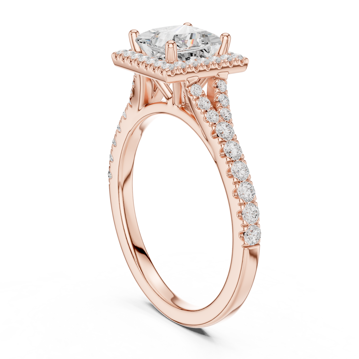 1.41ctw Princess-Cut Diamond Halo Split Shank Pavé Bridal Ring | Yellow Gold