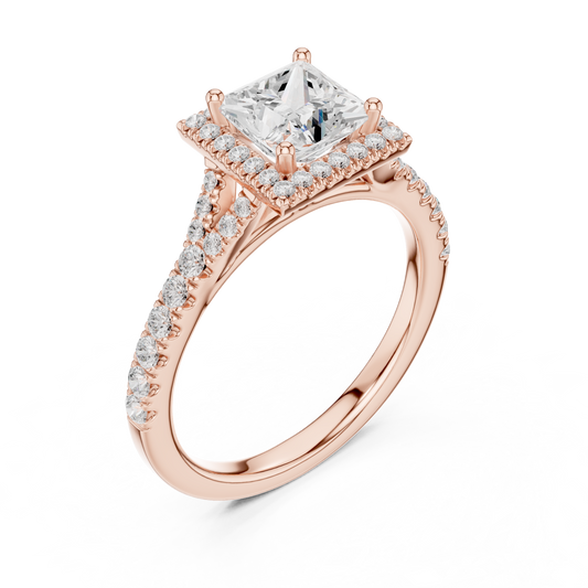 1.41ctw Princess-Cut Diamond Halo Split Shank Pavé Bridal Ring | Yellow Gold