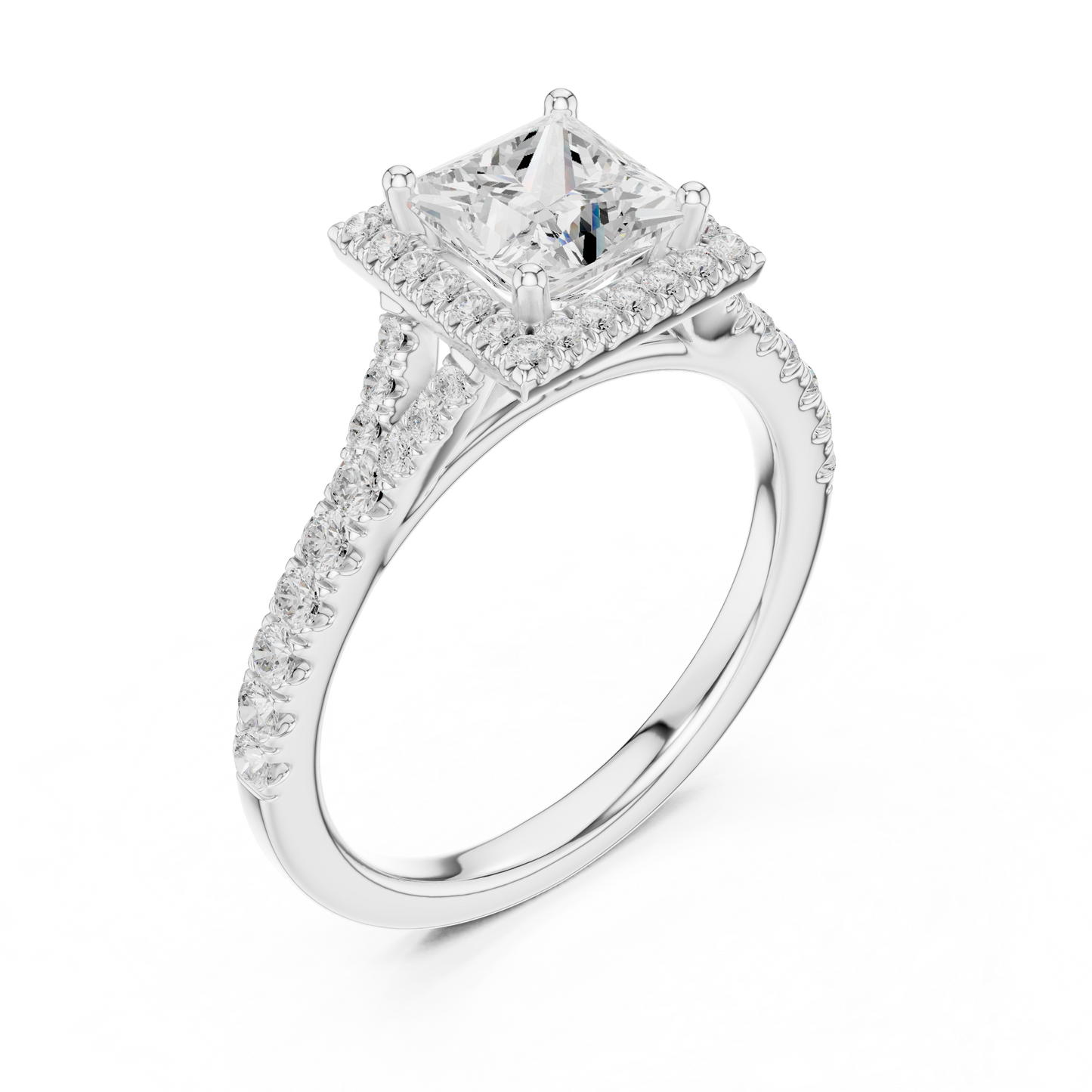 1.41ctw Princess-Cut Diamond Halo Split Shank Pavé Bridal Ring | Yellow Gold