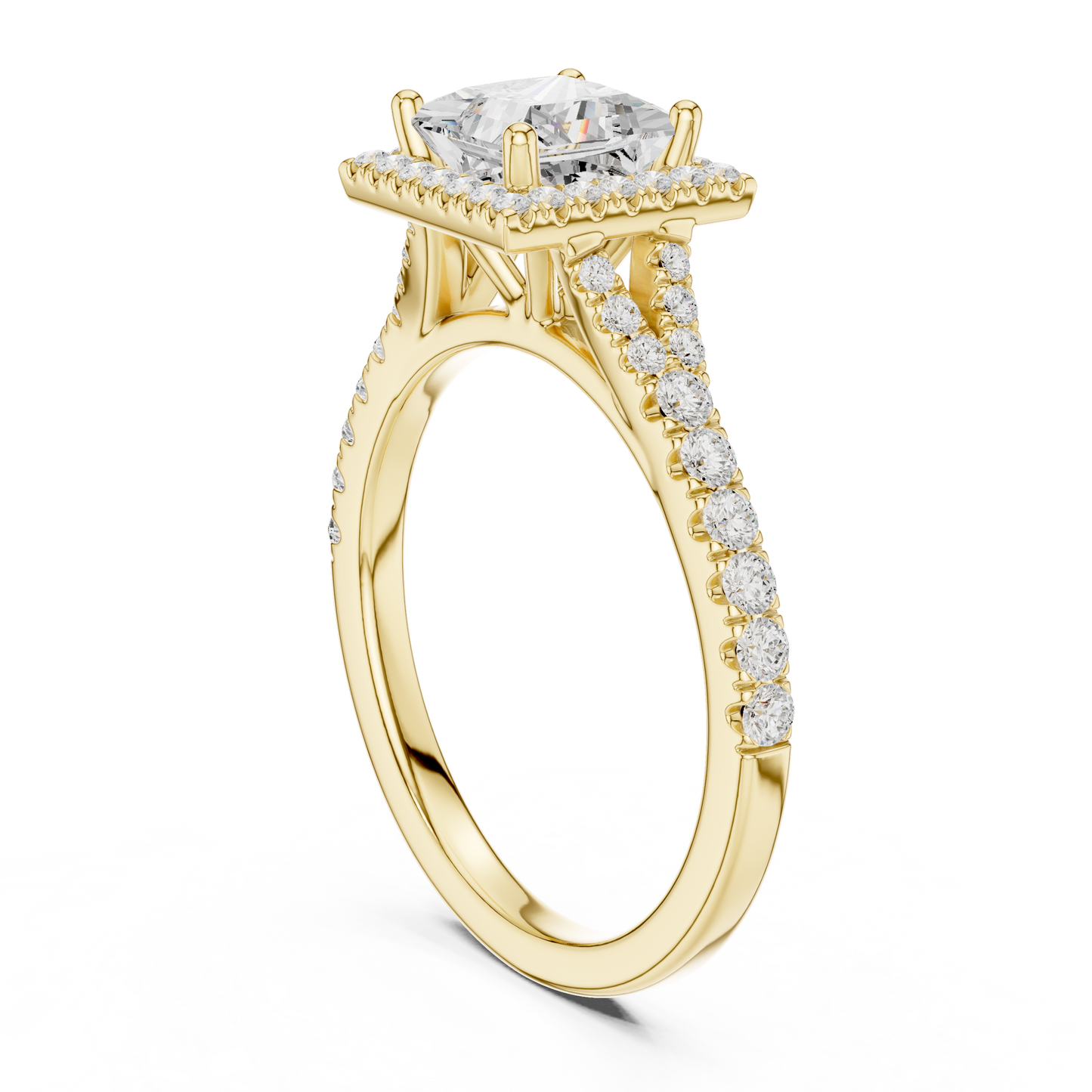 1.41ctw Princess-Cut Diamond Halo Split Shank Pavé Bridal Ring | Yellow Gold