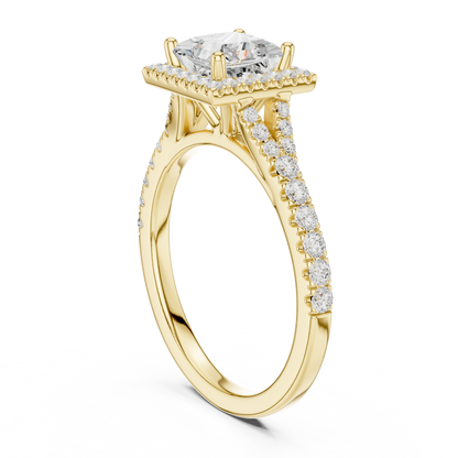 1.41ctw Princess-Cut Diamond Halo Split Shank Pavé Bridal Ring | Yellow Gold