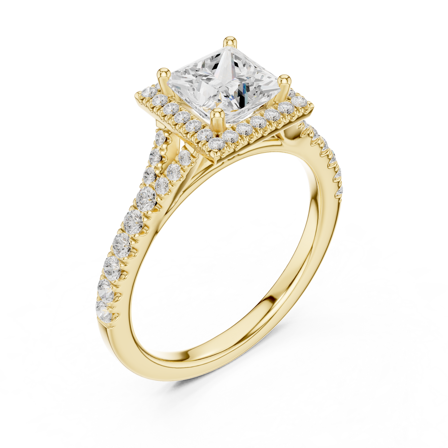 1.41ctw Princess-Cut Diamond Halo Split Shank Pavé Bridal Ring | Yellow Gold