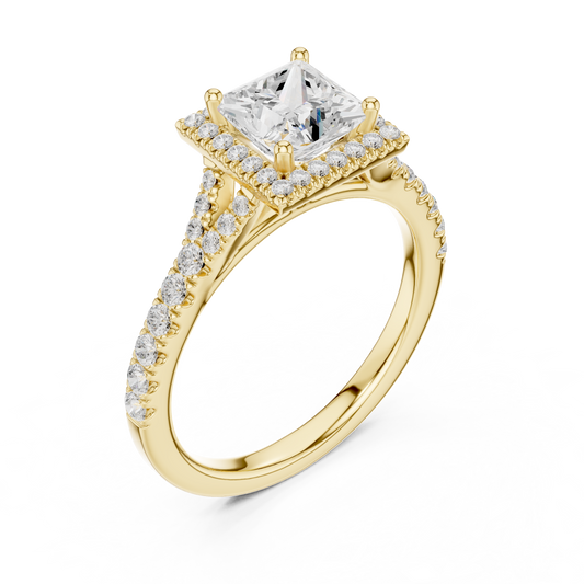 1.41ctw Princess-Cut Diamond Halo Split Shank Pavé Bridal Ring | Yellow Gold