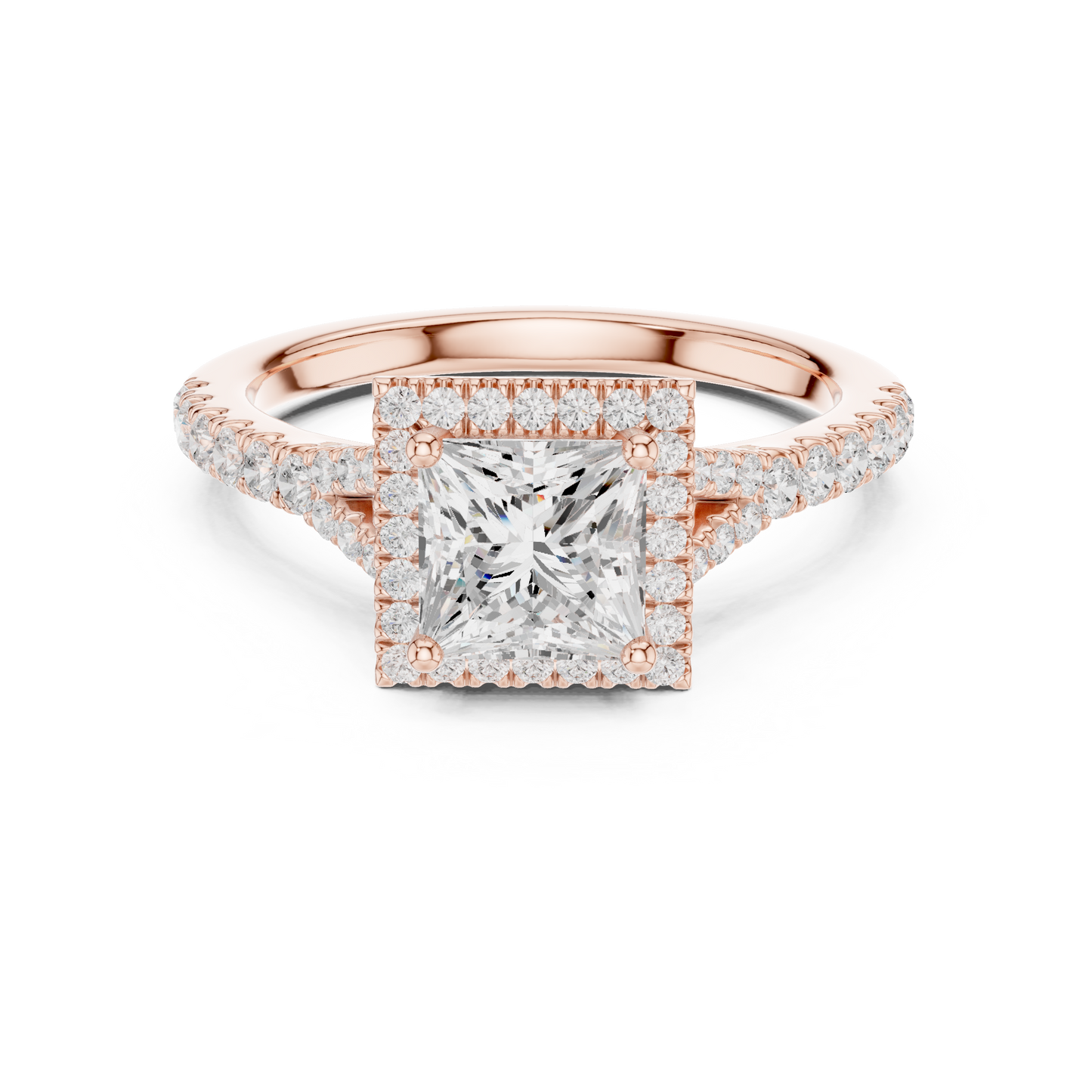 1.41ctw Princess-Cut Diamond Halo Split Shank Pavé Bridal Ring | Yellow Gold