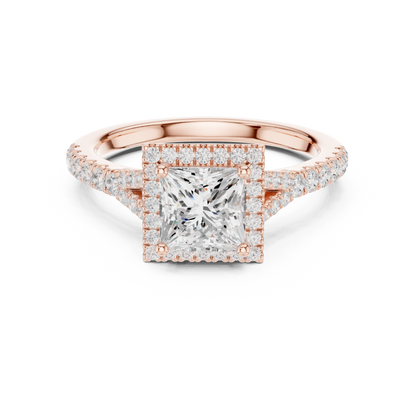 1.41ctw Princess-Cut Diamond Halo Split Shank Pavé Bridal Ring | Yellow Gold