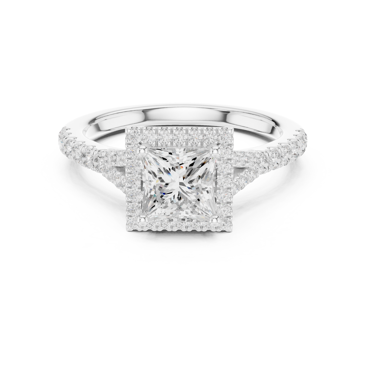 1.41ctw Princess-Cut Diamond Halo Split Shank Pavé Bridal Ring | Yellow Gold