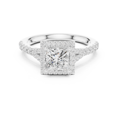 1.41ctw Princess-Cut Diamond Halo Split Shank Pavé Bridal Ring | Yellow Gold