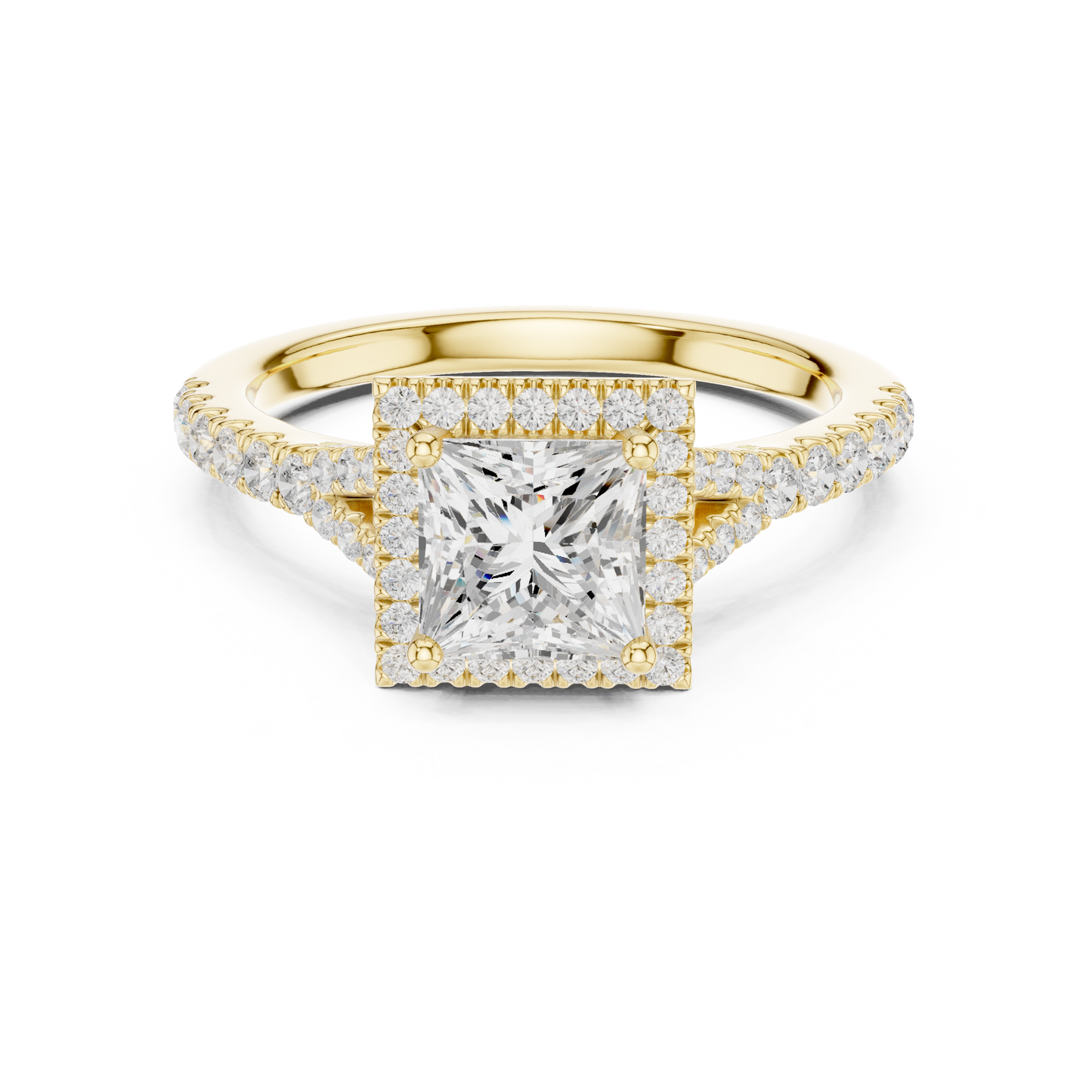 1.41ctw Princess-Cut Diamond Halo Split Shank Pavé Bridal Ring | Yellow Gold