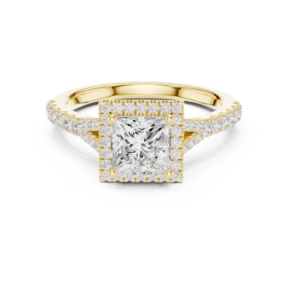 1.41ctw Princess-Cut Diamond Halo Split Shank Pavé Bridal Ring | Yellow Gold