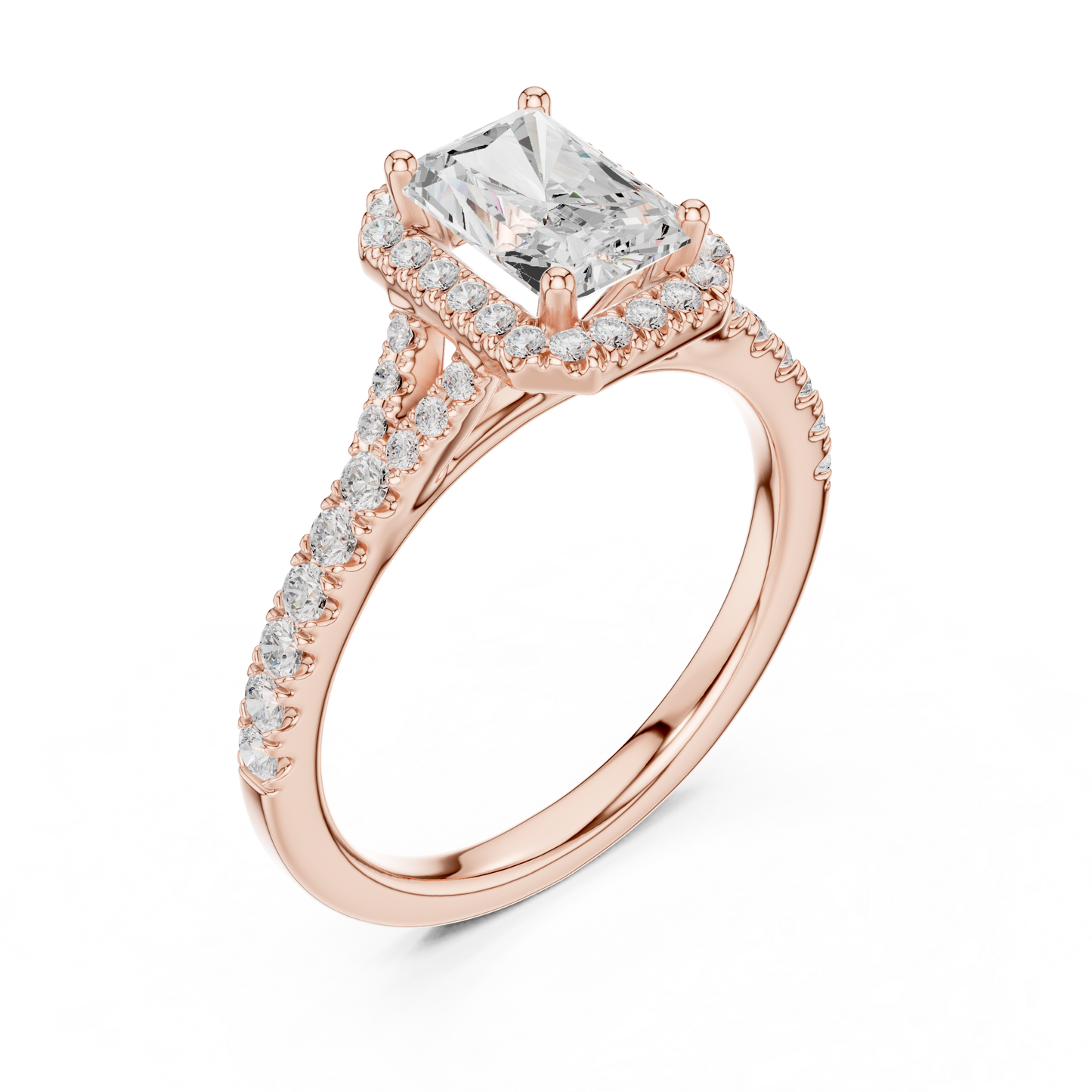 1.40ctw Radiant-Cut Diamond Halo Split Shank Pavé Bridal Ring | Yellow Gold