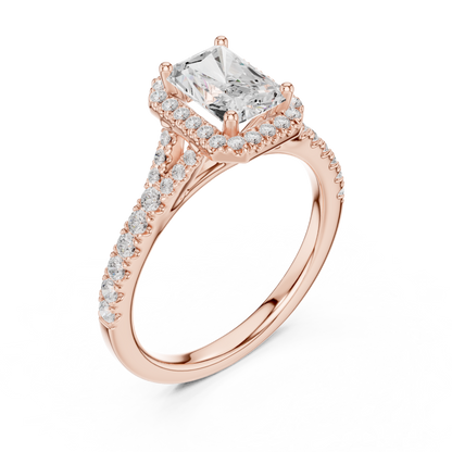 1.40ctw Radiant-Cut Diamond Halo Split Shank Pavé Bridal Ring | Yellow Gold