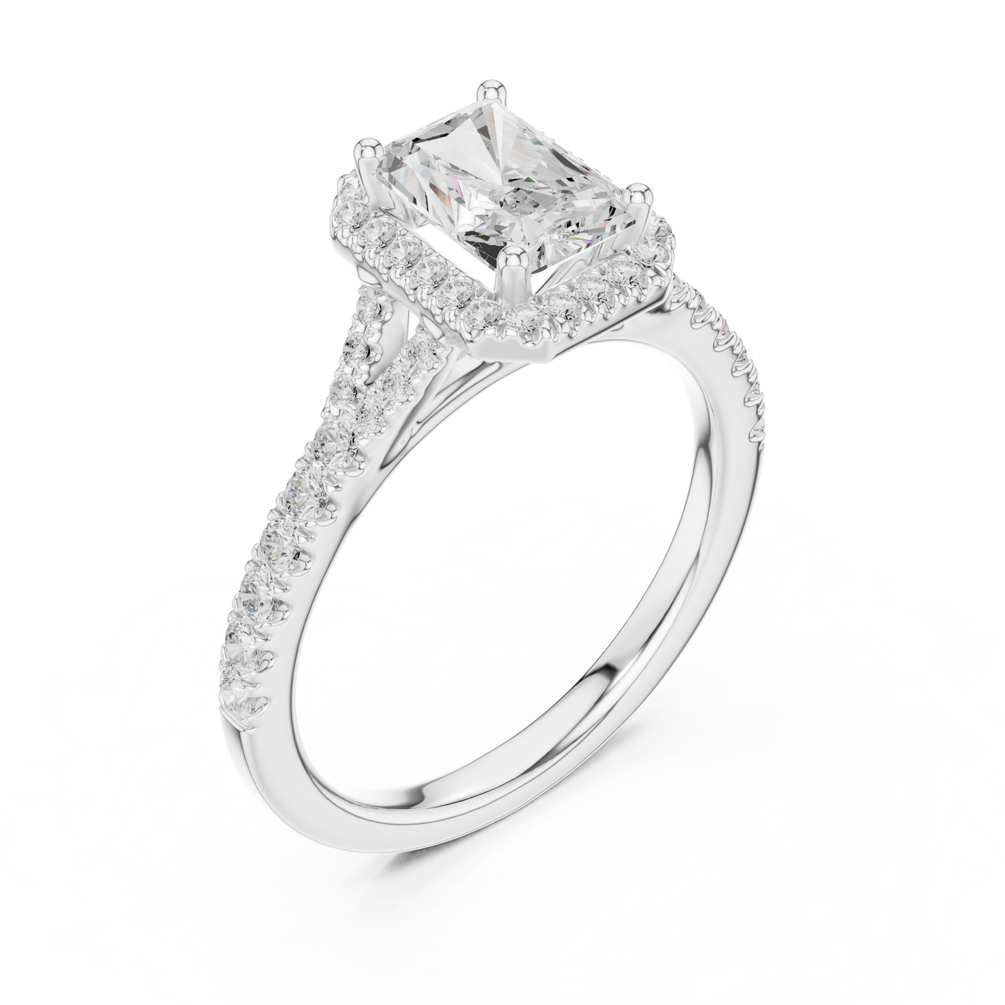 1.40ctw Radiant-Cut Diamond Halo Split Shank Pavé Bridal Ring | Yellow Gold