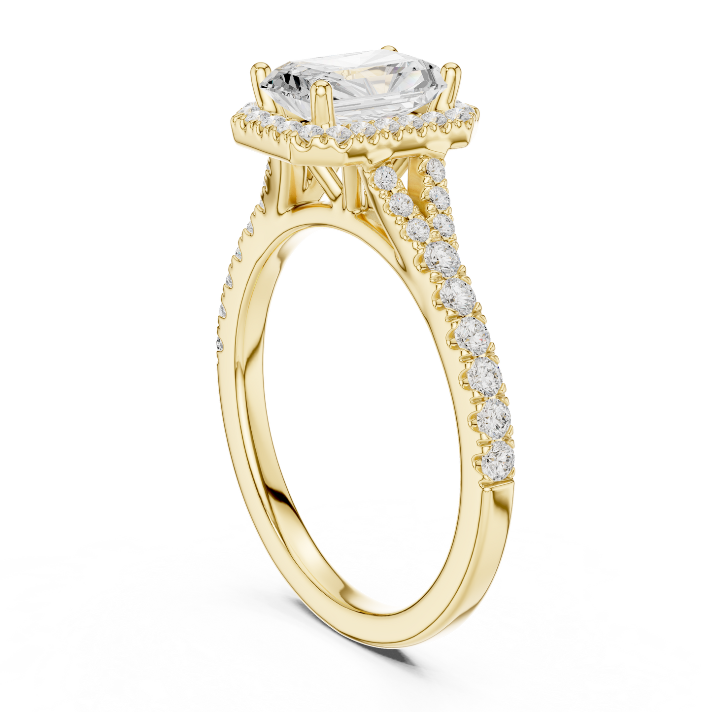 1.40ctw Radiant-Cut Diamond Halo Split Shank Pavé Bridal Ring | Yellow Gold