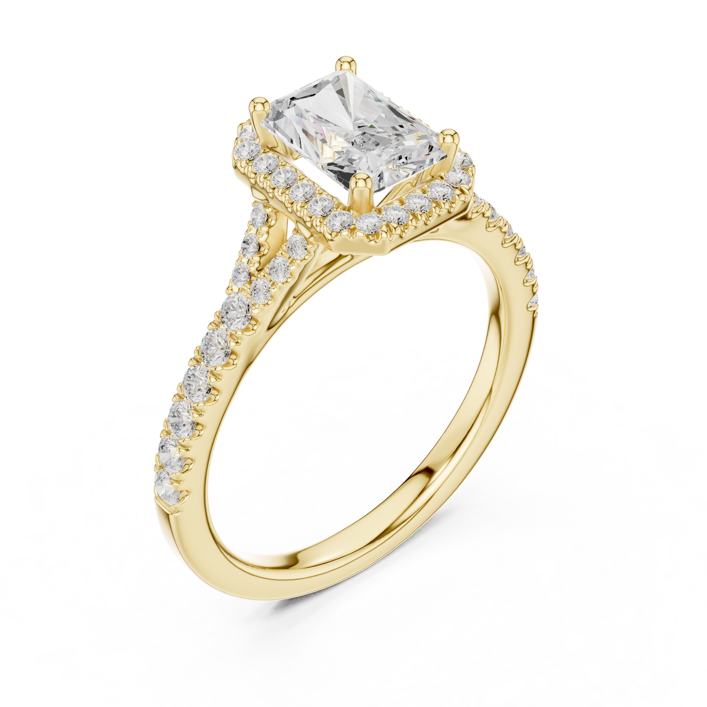 1.40ctw Radiant-Cut Diamond Halo Split Shank Pavé Bridal Ring | Yellow Gold