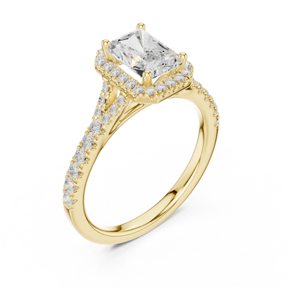1.40ctw Radiant-Cut Diamond Halo Split Shank Pavé Bridal Ring | Yellow Gold