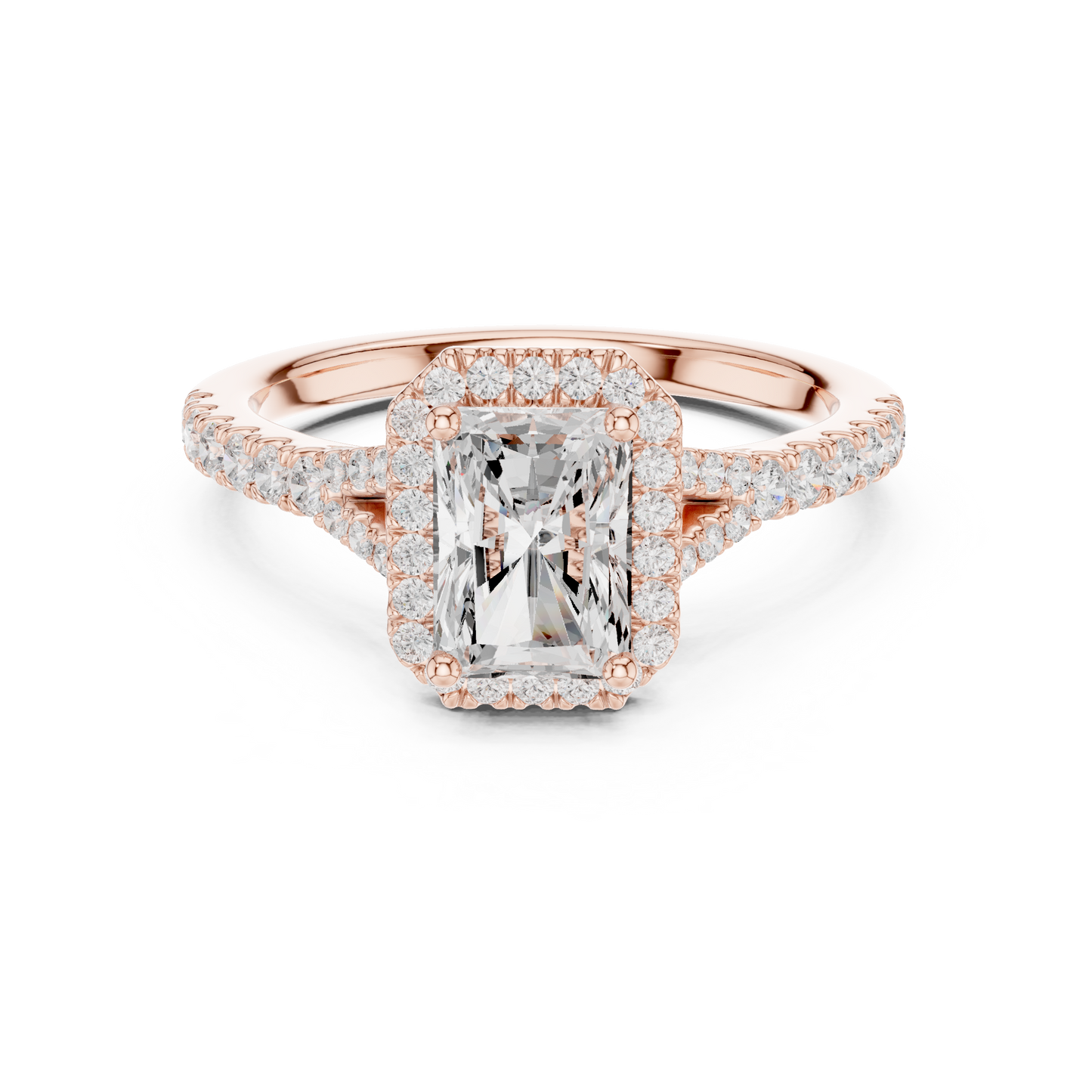 1.40ctw Radiant-Cut Diamond Halo Split Shank Pavé Bridal Ring | Yellow Gold