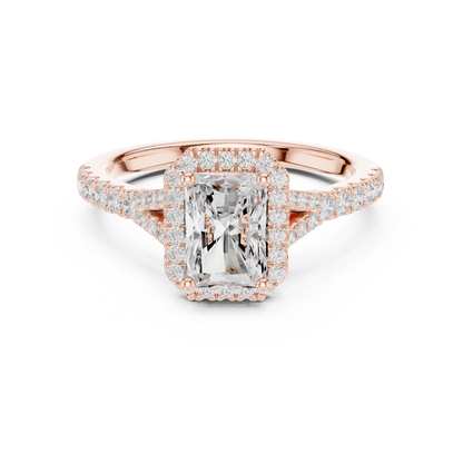 1.40ctw Radiant-Cut Diamond Halo Split Shank Pavé Bridal Ring | Yellow Gold