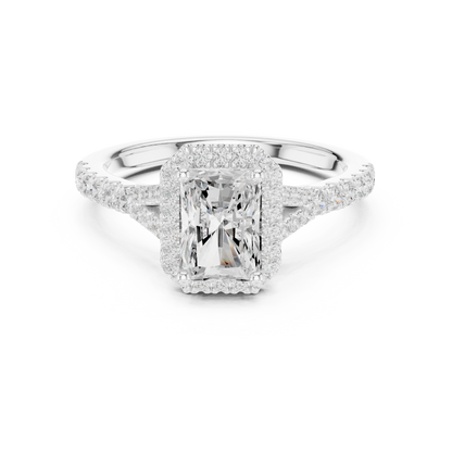 1.40ctw Radiant-Cut Diamond Halo Split Shank Pavé Bridal Ring | Yellow Gold
