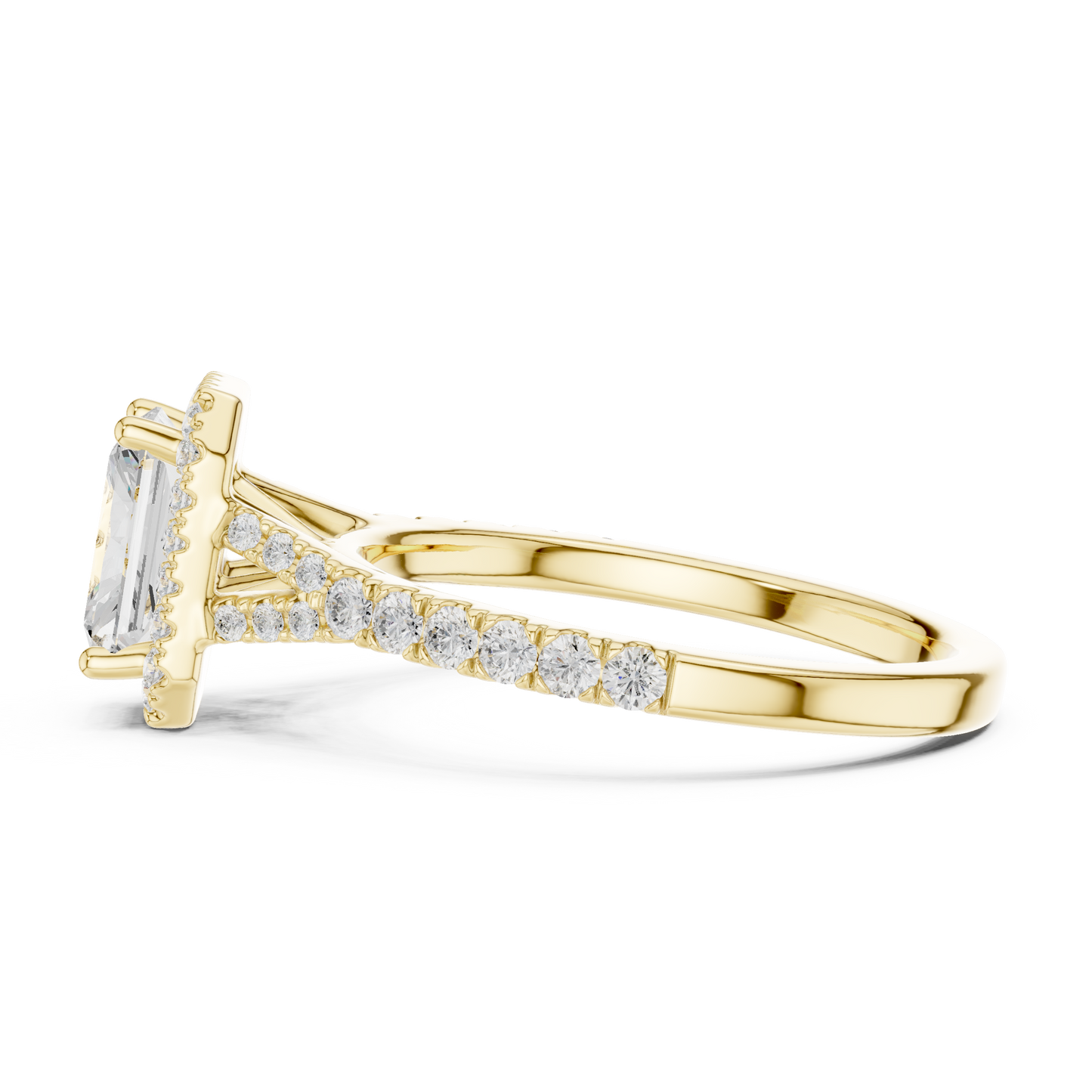 1.40ctw Radiant-Cut Diamond Halo Split Shank Pavé Bridal Ring | Yellow Gold