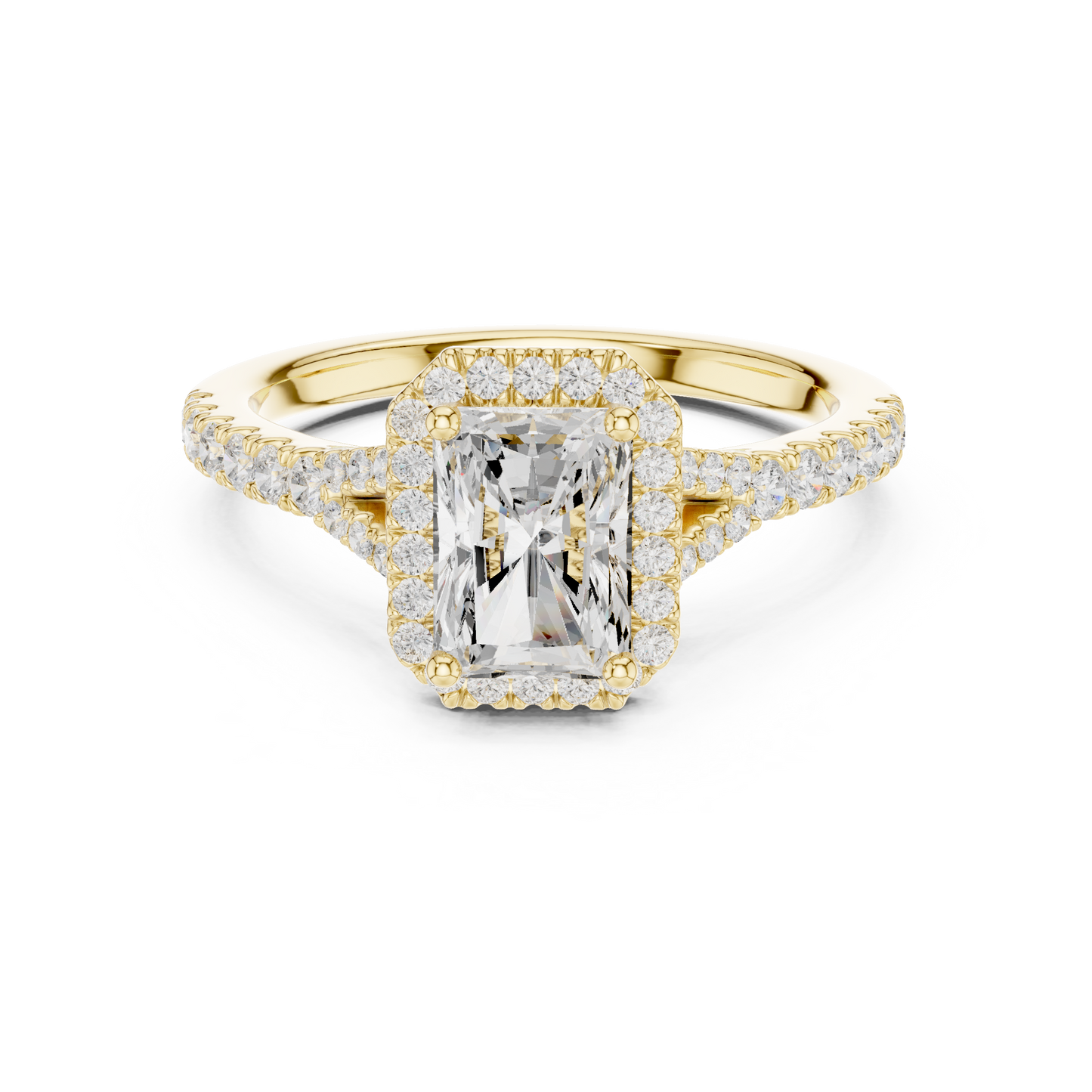 1.40ctw Radiant-Cut Diamond Halo Split Shank Pavé Bridal Ring | Yellow Gold