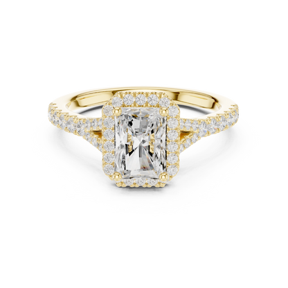 1.40ctw Radiant-Cut Diamond Halo Split Shank Pavé Bridal Ring | Yellow Gold