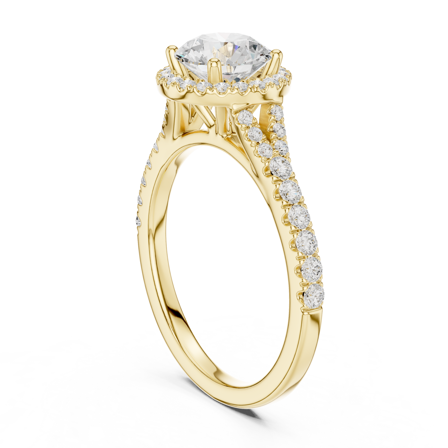 1.39ctw Round-Cut Diamond Halo Split Shank Pavé Bridal Ring | Yellow Gold